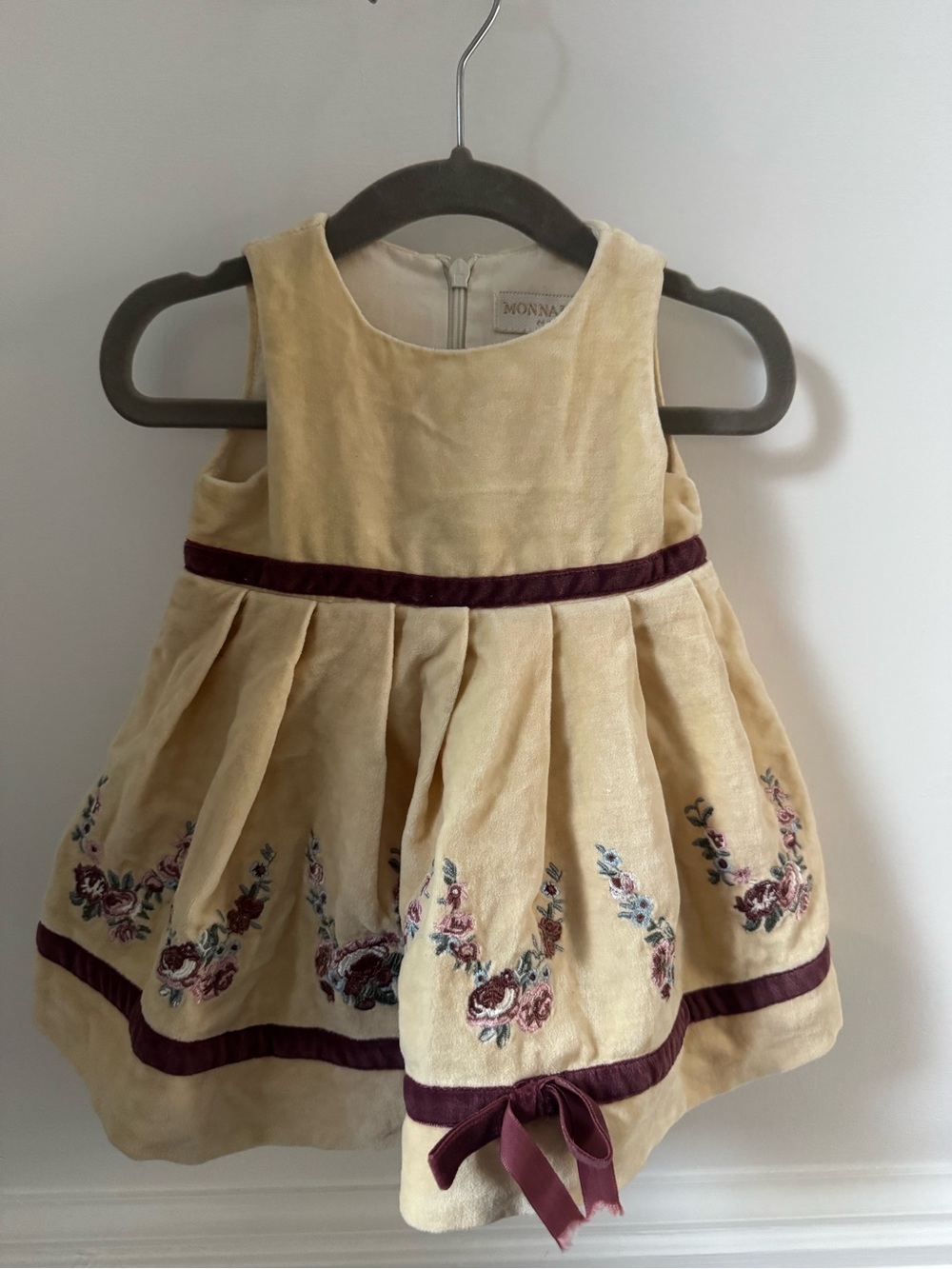 MonnaLisa Cream Velvet Floral Embroidered Dress with Burgundy Accents
